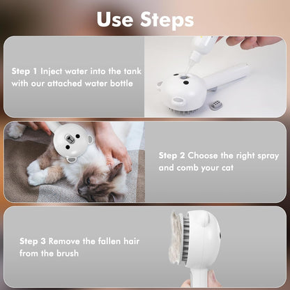 Pet Steam Brush for Dogs & Cats 3-in-1 Spray Grooming Comb