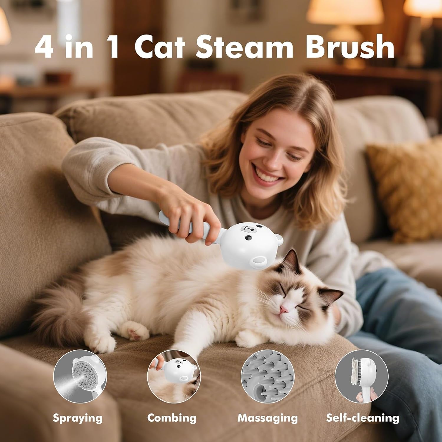 Pet Steam Brush for Dogs & Cats 3-in-1 Spray Grooming Comb