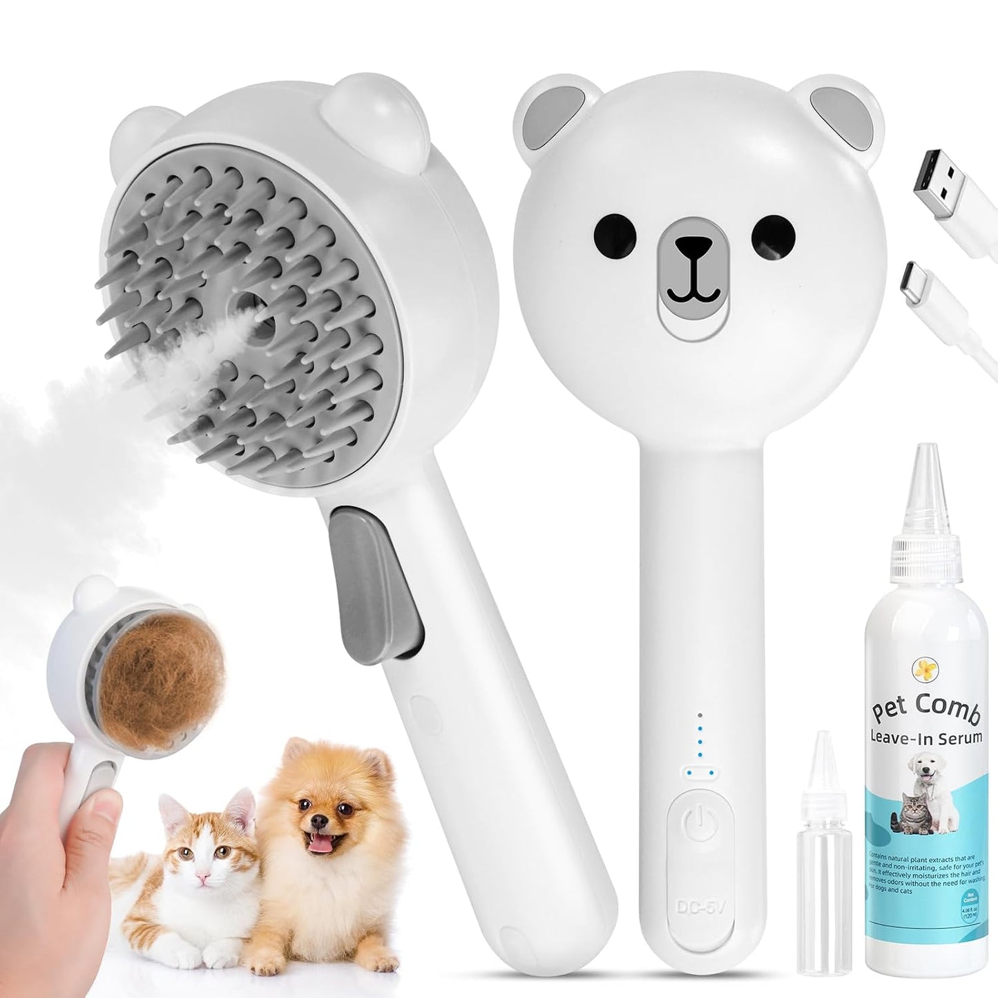 Pet Steam Brush for Dogs & Cats 3-in-1 Spray Grooming Comb